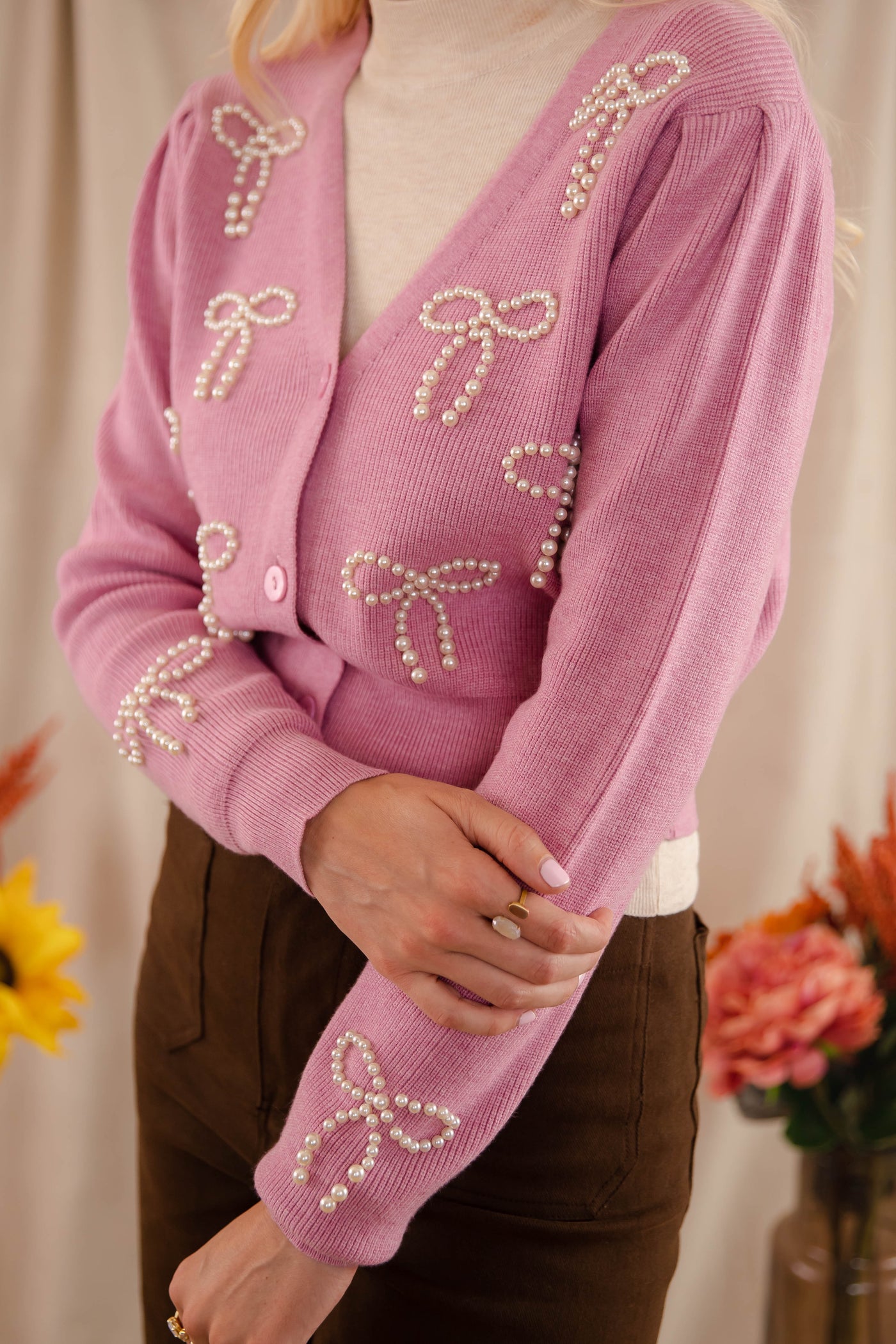 Women's Pearl Bow Cardigan- Pink Cardigan With Bows- PeachLove Pearl Sweater