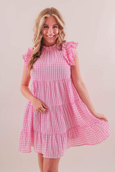 Women's Pink Gingham Dress- Women's Pink and White Seersucker Dress- Entro Dresses