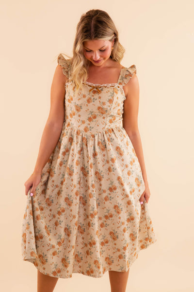 Floral Corduroy Dress With Bow And Ruffles- Feminine Maxi Dress for Women- Rosie Posie Dresses