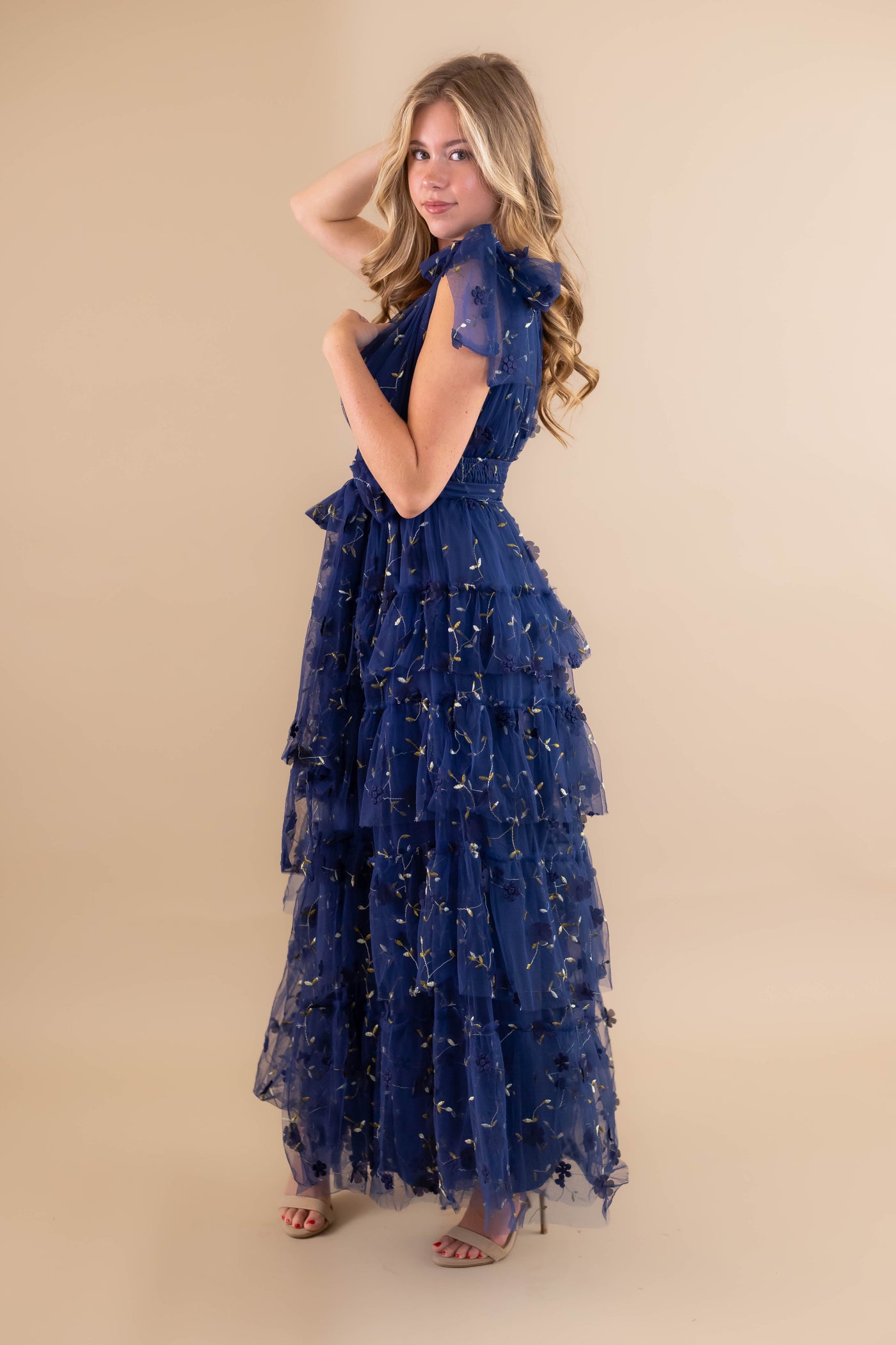 Navy Blue Tulle Maxi Dress- 3D Flower Maxi Dress- Elegant Tulle Flower Maxi Dress