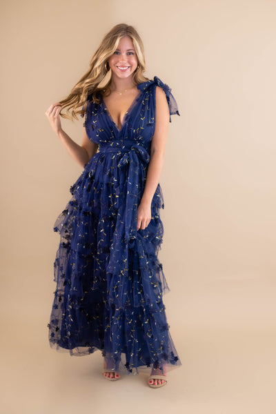 Navy Blue Tulle Maxi Dress- 3D Flower Maxi Dress- Elegant Tulle Flower Maxi Dress