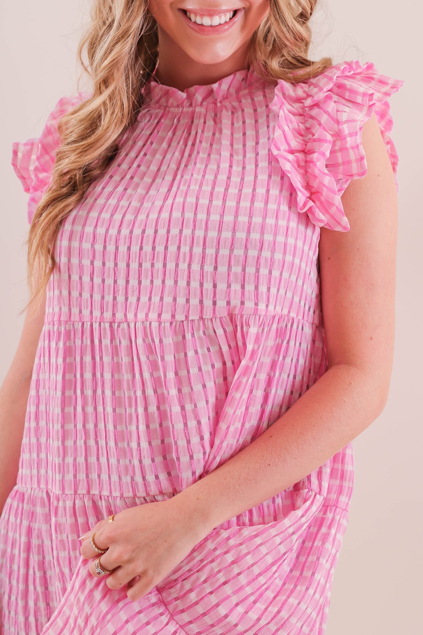 Women's Pink Gingham Dress- Women's Pink and White Seersucker Dress- Entro Dresses