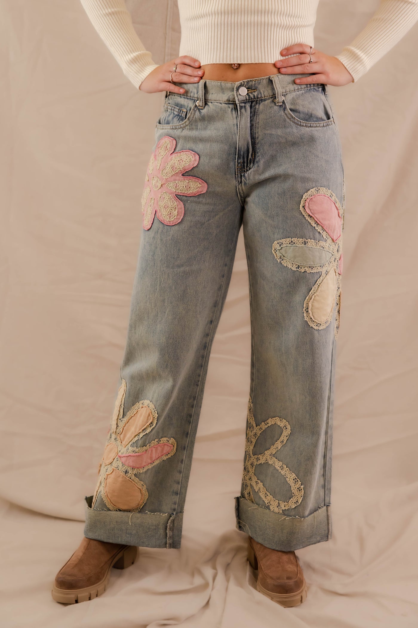 Floral Patchwork Jeans- Wide Leg Patchwork Denim- Oli and Hali Floral Jeans