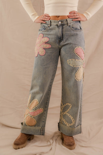 Floral Patchwork Jeans- Wide Leg Patchwork Denim- Oli and Hali Floral Jeans