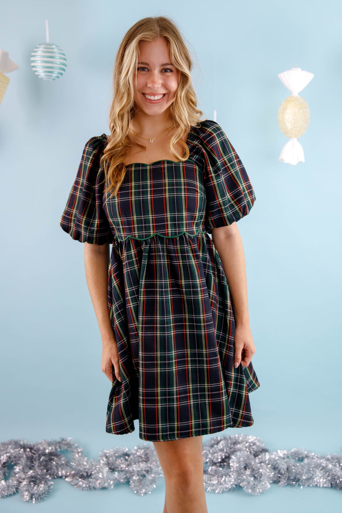 Green Tartan Plaid Print Dress- Women's Scalloped Preppy Dress- Entro Plaid Holiday Dress