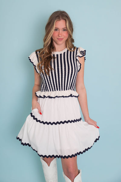 Navy Blue Stripe Sweater Mini Dress- Spring Sweater Dress- Entro Dresses