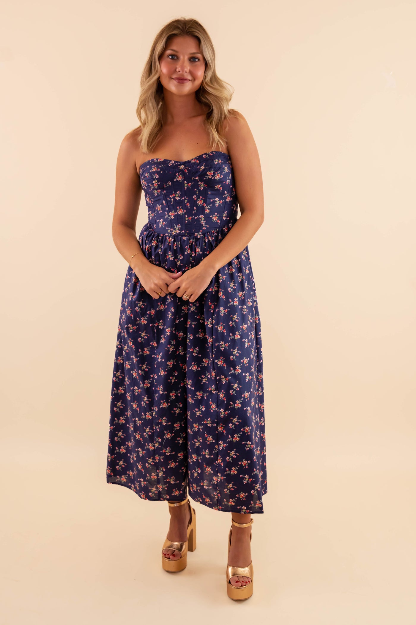 Strapless Floral Dress- Strapless Corset Midi Dress- Creamon Blue Floral Midi Dress