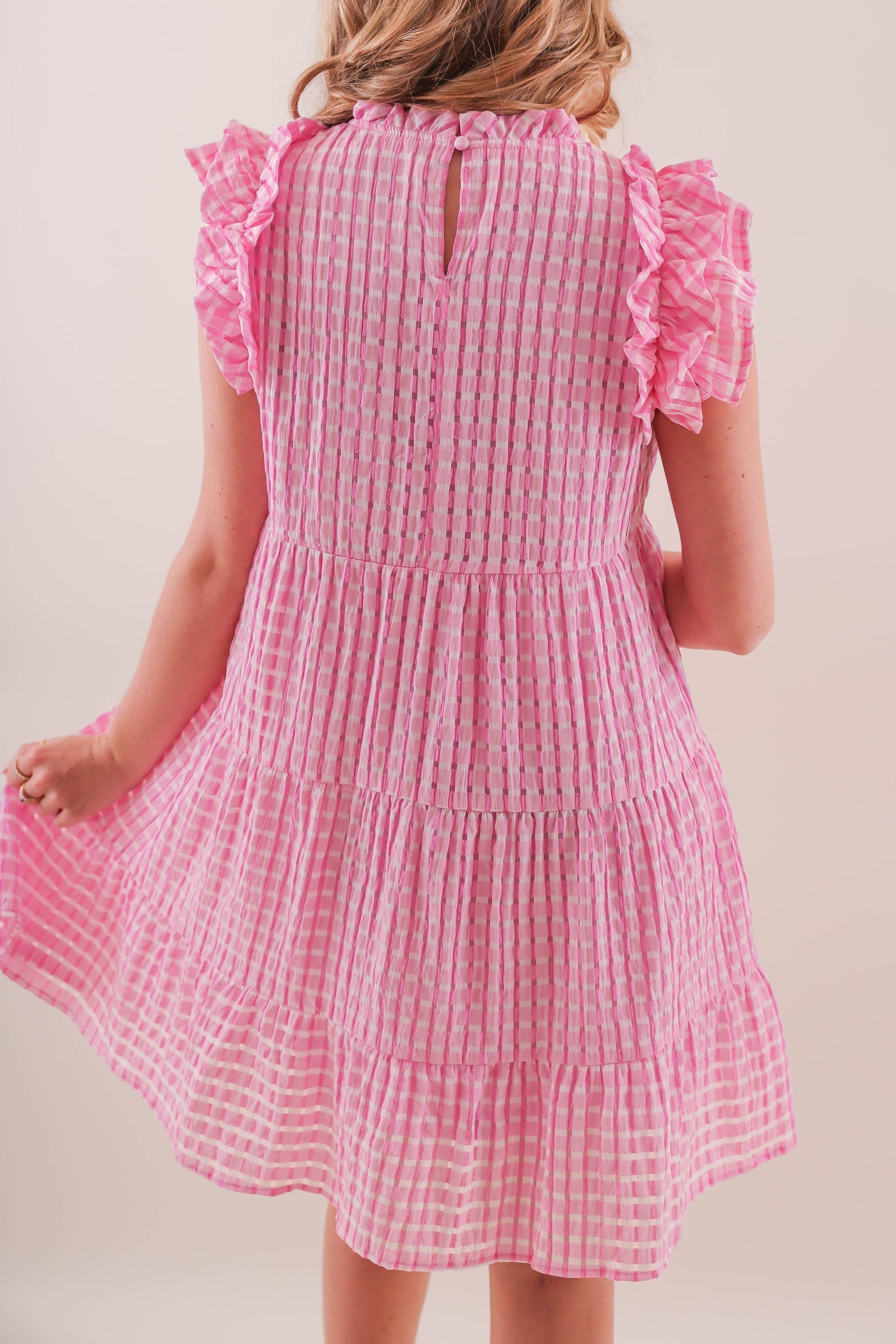 Women's Pink Gingham Dress- Women's Pink and White Seersucker Dress- Entro Dresses