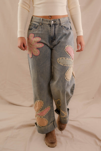 Floral Patchwork Jeans- Wide Leg Patchwork Denim- Oli and Hali Floral Jeans