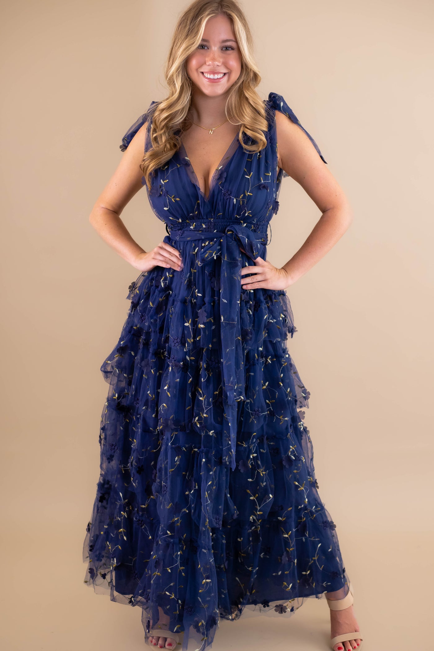 Navy Blue Tulle Maxi Dress- 3D Flower Maxi Dress- Elegant Tulle Flower Maxi Dress