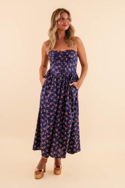 Strapless Floral Dress- Strapless Corset Midi Dress- Creamon Blue Floral Midi Dress