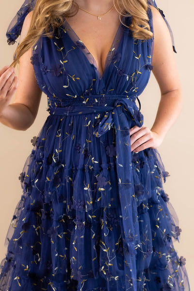 Navy Blue Tulle Maxi Dress- 3D Flower Maxi Dress- Elegant Tulle Flower Maxi Dress