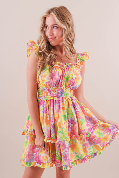 Bright Colorful Print Dress- Women's Mini Ruffle Bright Dress- &Merci Dresses