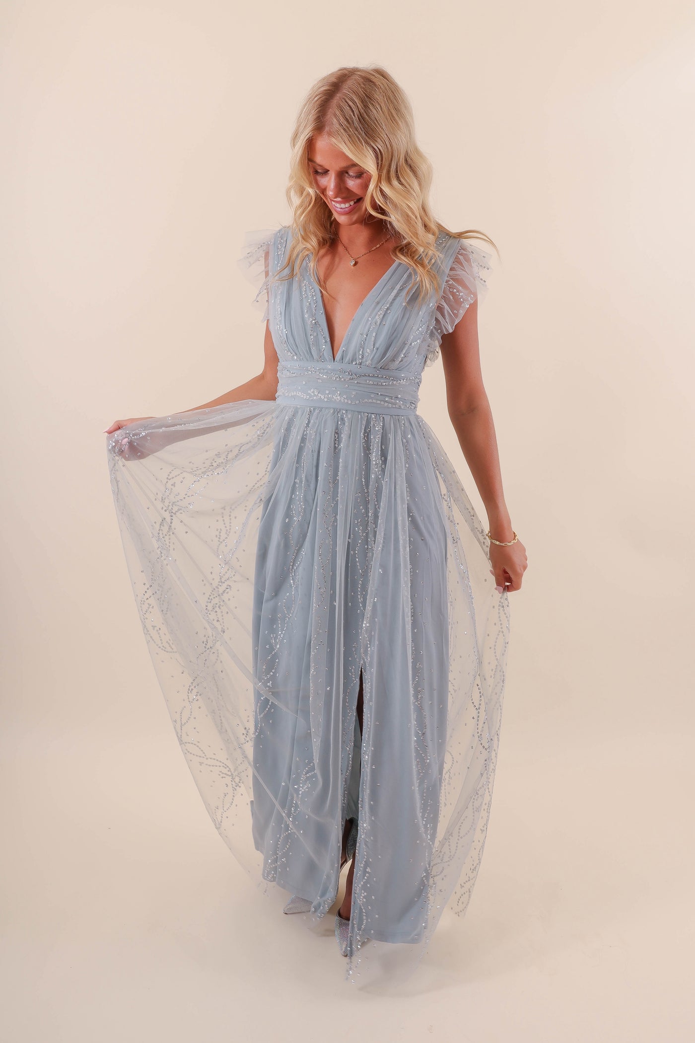 Women's Blue Tulle Maxi Dress- Women's Glitter Tulle Dress- Soieblu Tulle Maxi Dress