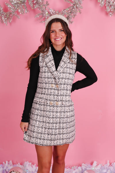 Women's Black and White Tweed Dress- Women's Preppy Dresses- Women's Tweed Jacket Mini Dress