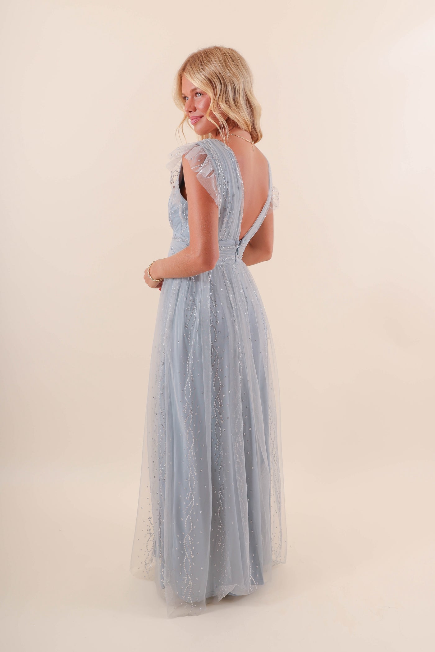 Women's Blue Tulle Maxi Dress- Women's Glitter Tulle Dress- Soieblu Tulle Maxi Dress