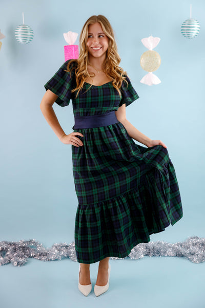 Women's Plaid Midi Dress- Green and Navy Plaid Midi Dress