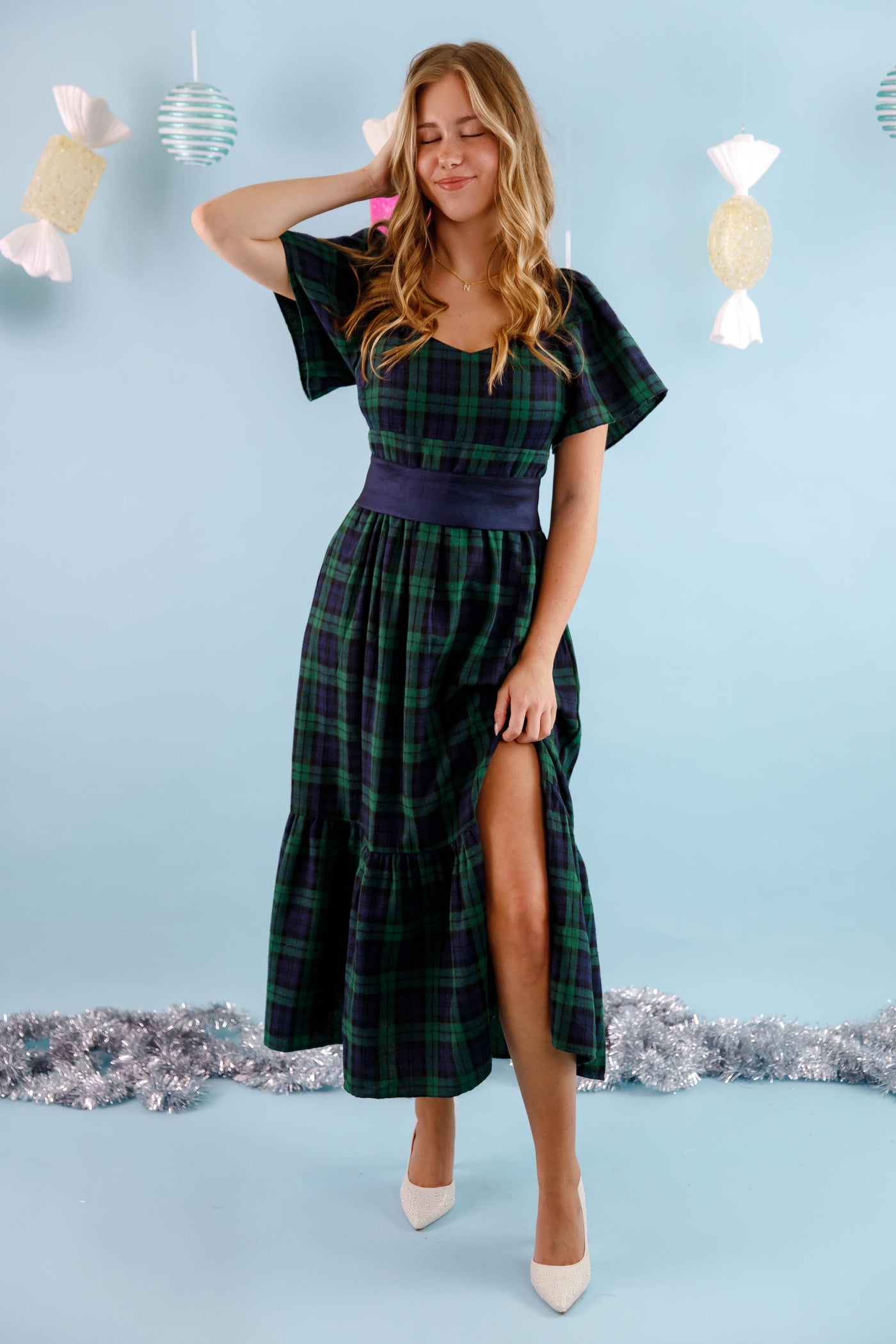 Women's Plaid Midi Dress- Green and Navy Plaid Midi Dress