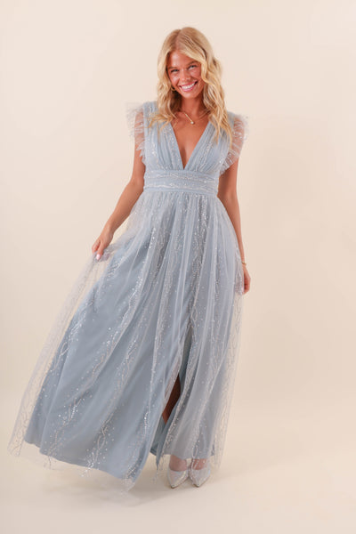 Women's Blue Tulle Maxi Dress- Women's Glitter Tulle Dress- Soieblu Tulle Maxi Dress