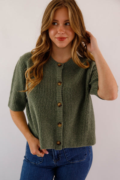 Women's Olive Green Button Up Cardigan-  Classic Olive Short Sleeved Cardigan- Miss Love Olive Cardigan