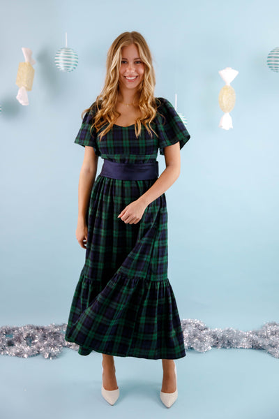 Women's Plaid Midi Dress- Green and Navy Plaid Midi Dress