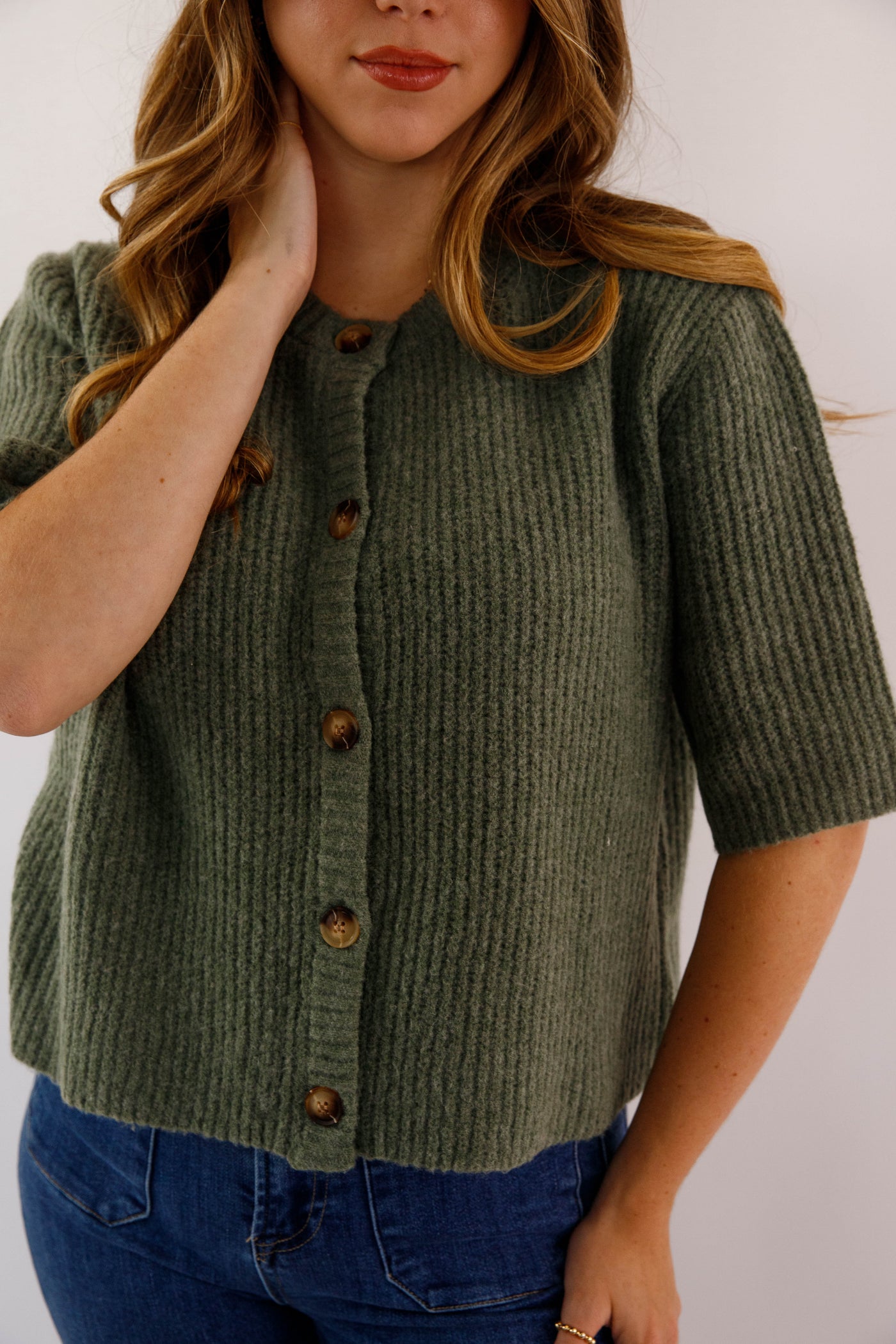 Women's Olive Green Button Up Cardigan-  Classic Olive Short Sleeved Cardigan- Miss Love Olive Cardigan