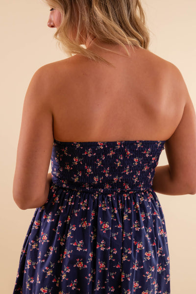 Strapless Floral Dress- Strapless Corset Midi Dress- Creamon Blue Floral Midi Dress