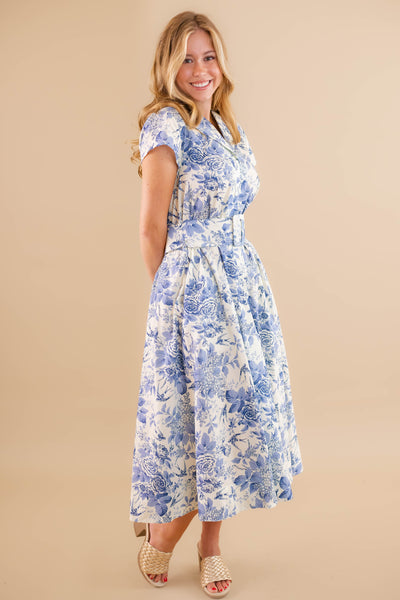 Floral Blue And White Midi Dress- Women's Belted Dress- AAKAA Dresses