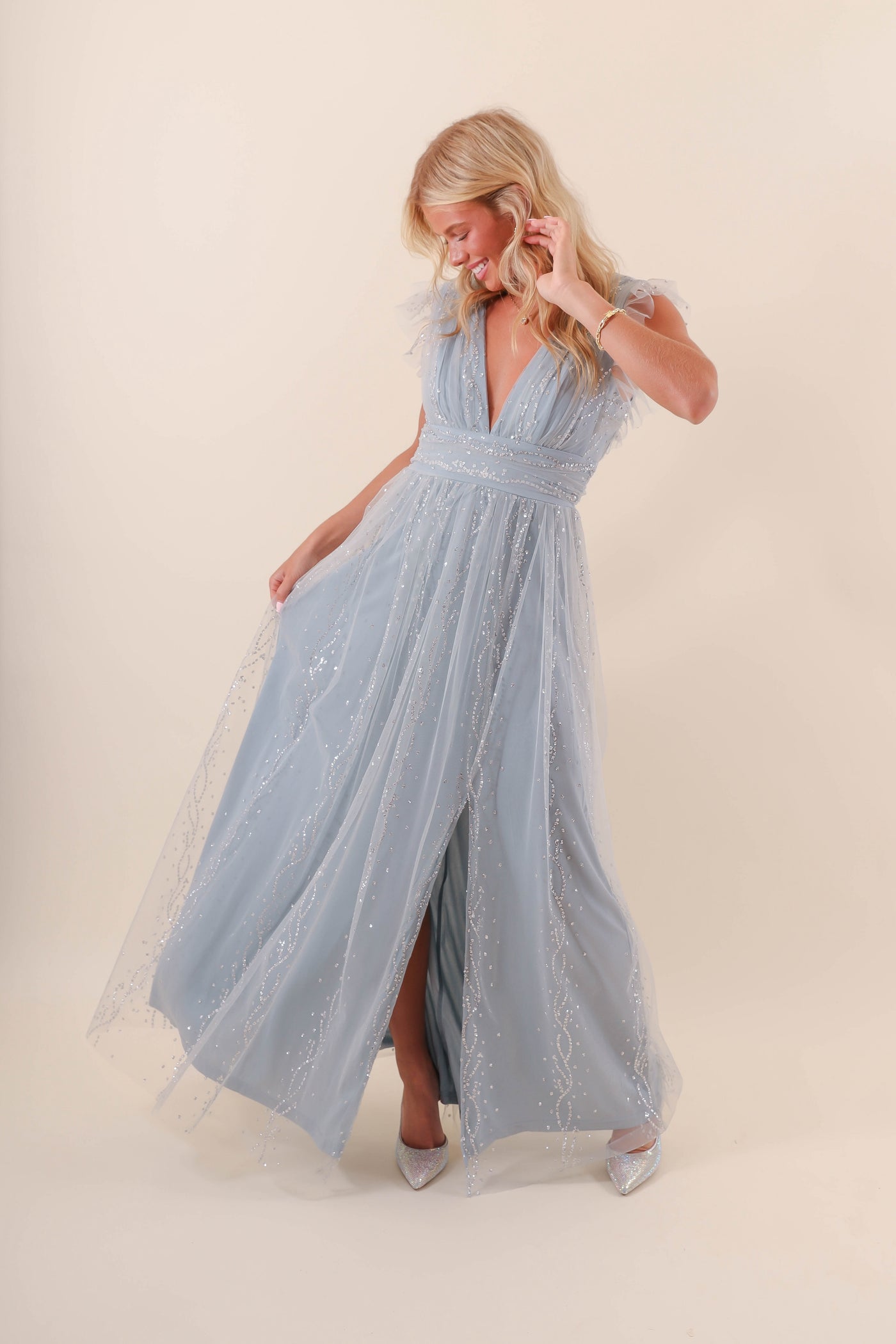 Women's Blue Tulle Maxi Dress- Women's Glitter Tulle Dress- Soieblu Tulle Maxi Dress