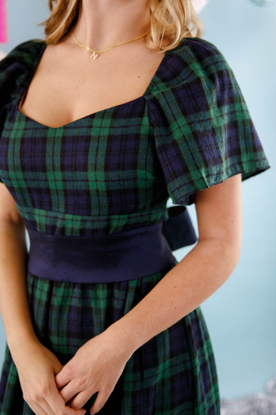 Women's Plaid Midi Dress- Green and Navy Plaid Midi Dress