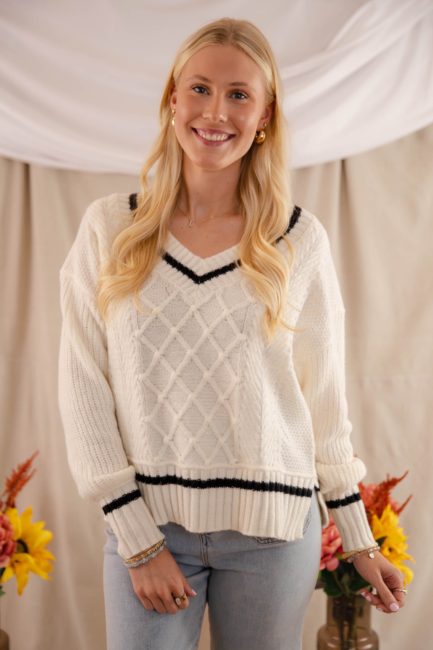 Cable Knit Ivory Sweater- Women's V-Neck Preppy Sweater- BluPepper Sweater