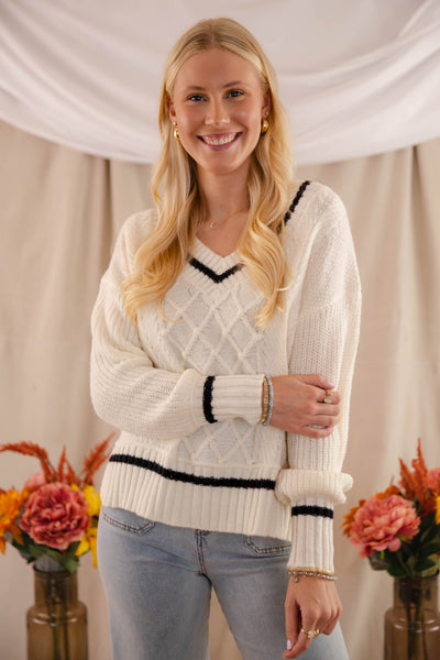 Cable Knit Ivory Sweater- Women's V-Neck Preppy Sweater- BluPepper Sweater