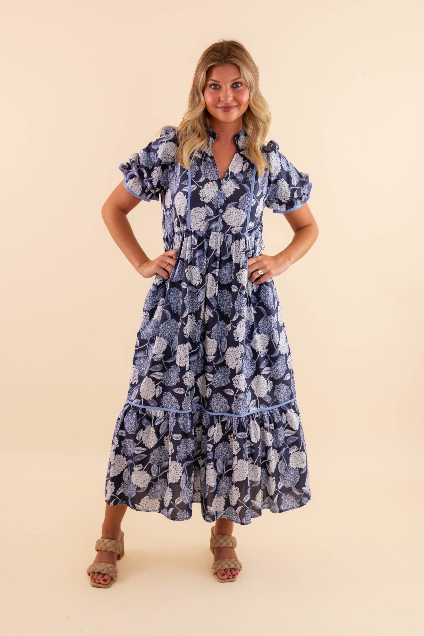 Blue Hydrangea Floral Print Midi Dress- Women's Navy Floral Dress- Entro Dresses