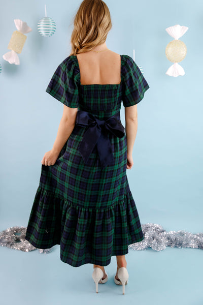 Women's Plaid Midi Dress- Green and Navy Plaid Midi Dress