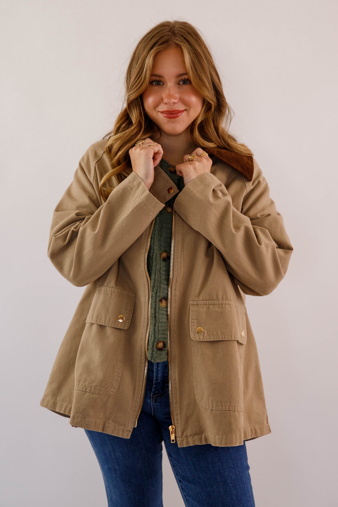 Women's Khaki Zip of Jacket- Women's Casual Jacket- In Loom Khaki Jacket with Gingham Lining