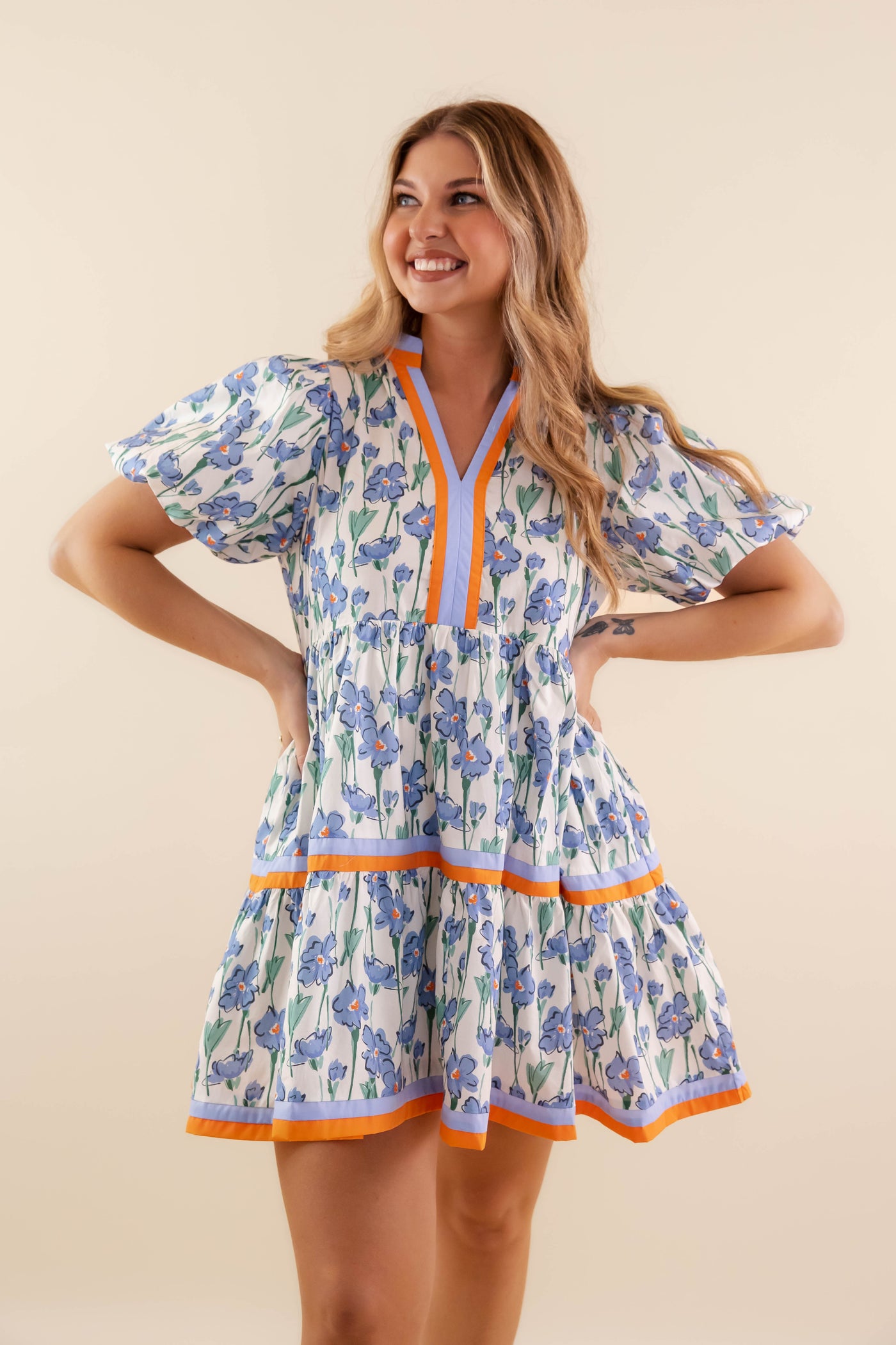 Blue Floral Print Dress- Women's Short Sleeve Bubble Dress- Women's Entro Dresses