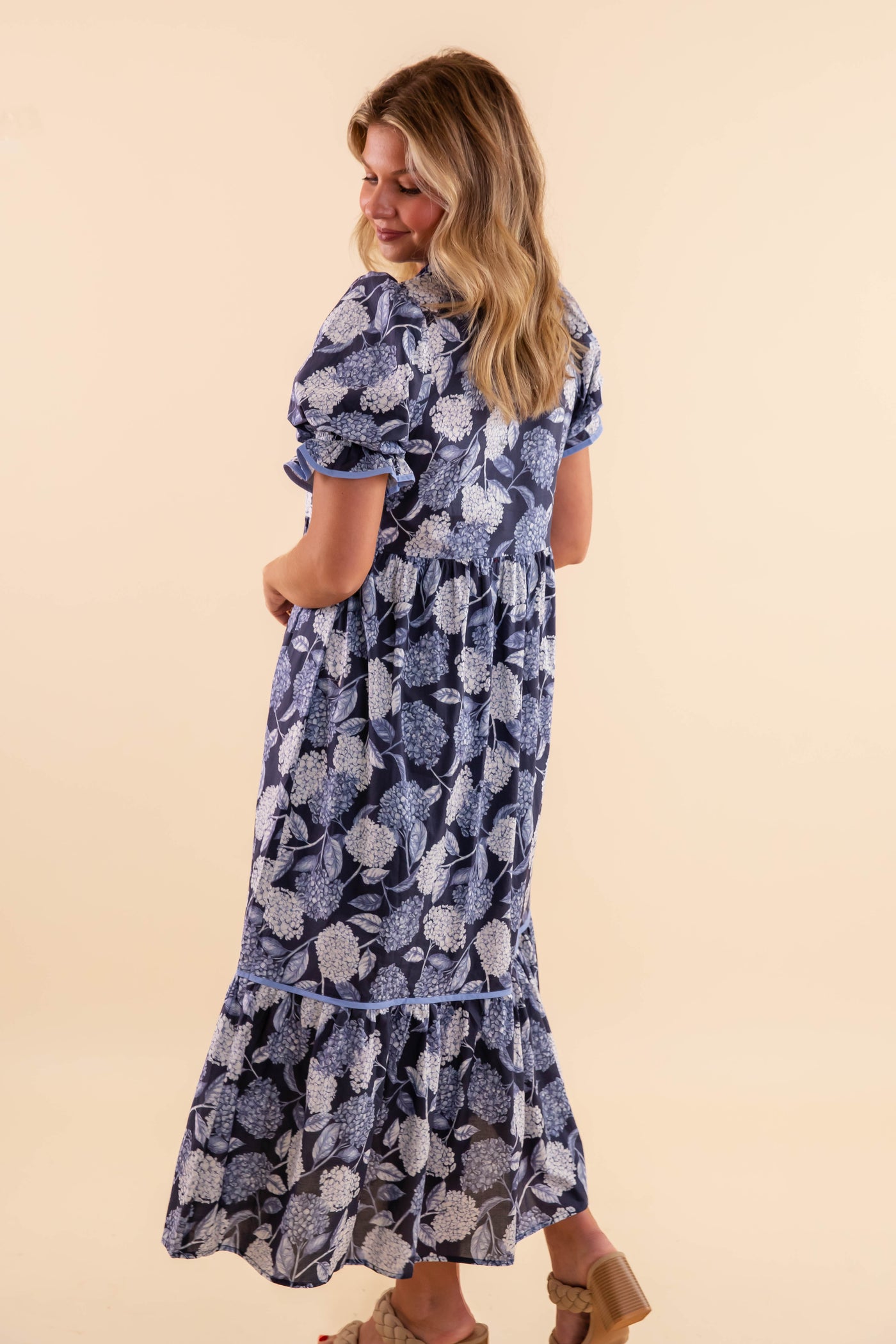 Blue Hydrangea Floral Print Midi Dress- Women's Navy Floral Dress- Entro Dresses