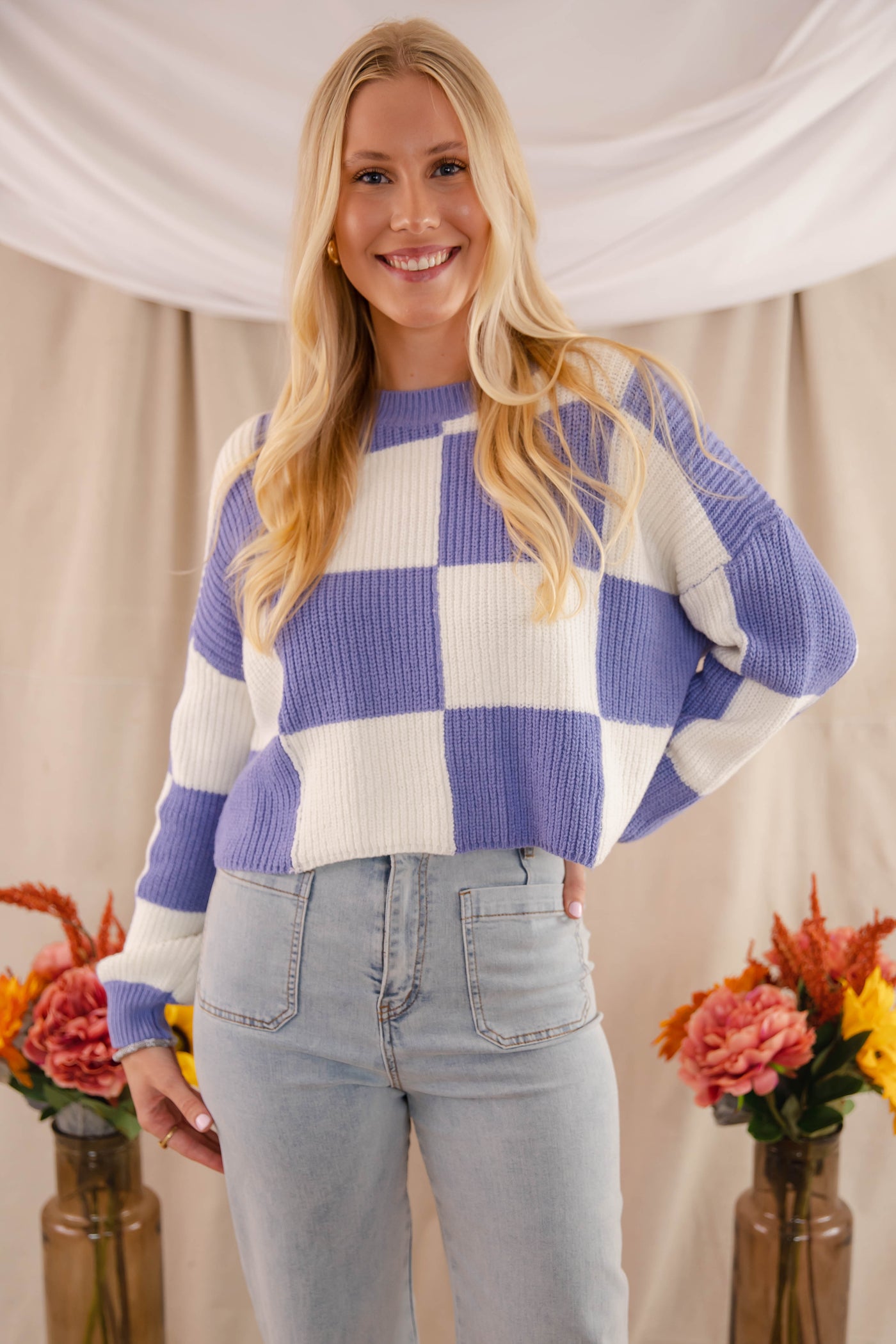 Women's Checkered Sweater- Women's Trendy Sweaters- Fun Check Sweater