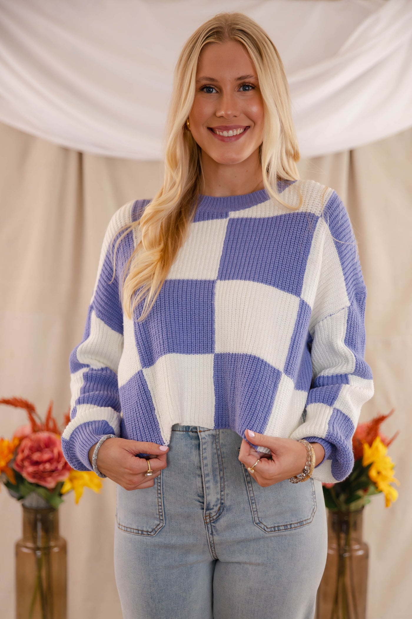 Women's Checkered Sweater- Women's Trendy Sweaters- Fun Check Sweater