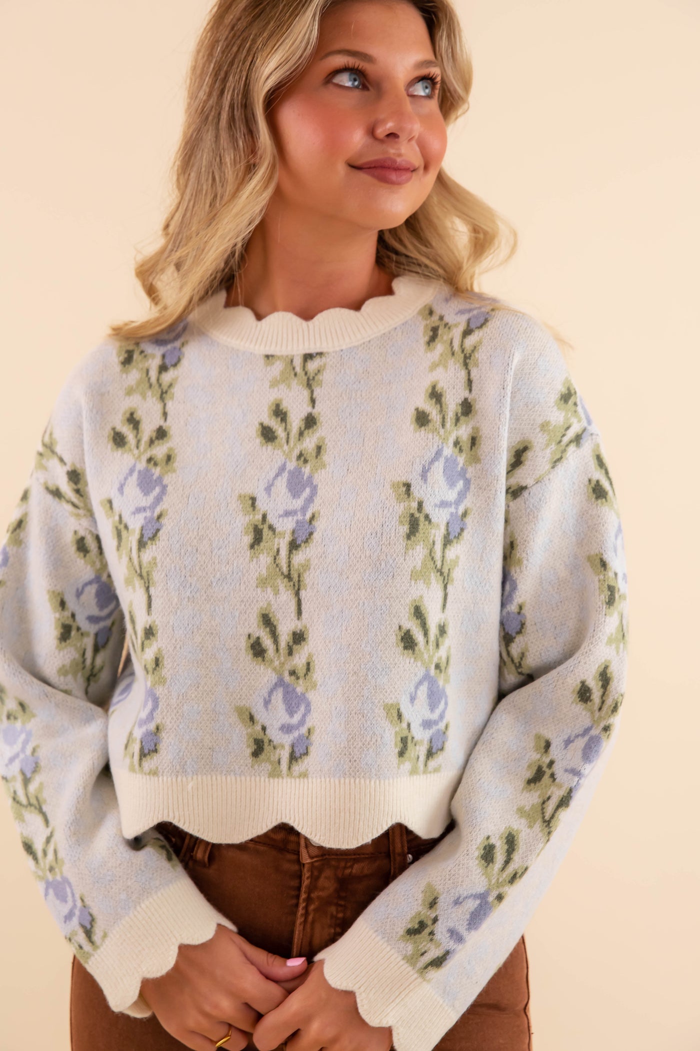 Floral Scalloped  Sweater- Preppy Floral Sweater- Mable Floral Sweater