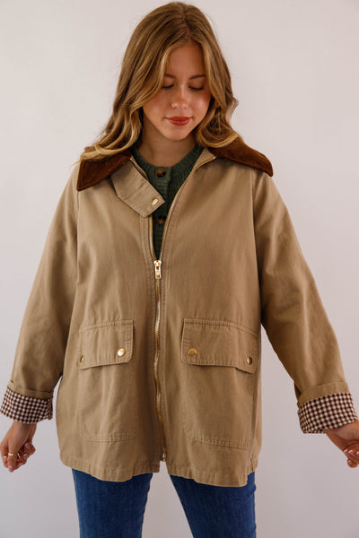 Women's Khaki Zip of Jacket- Women's Casual Jacket- In Loom Khaki Jacket with Gingham Lining