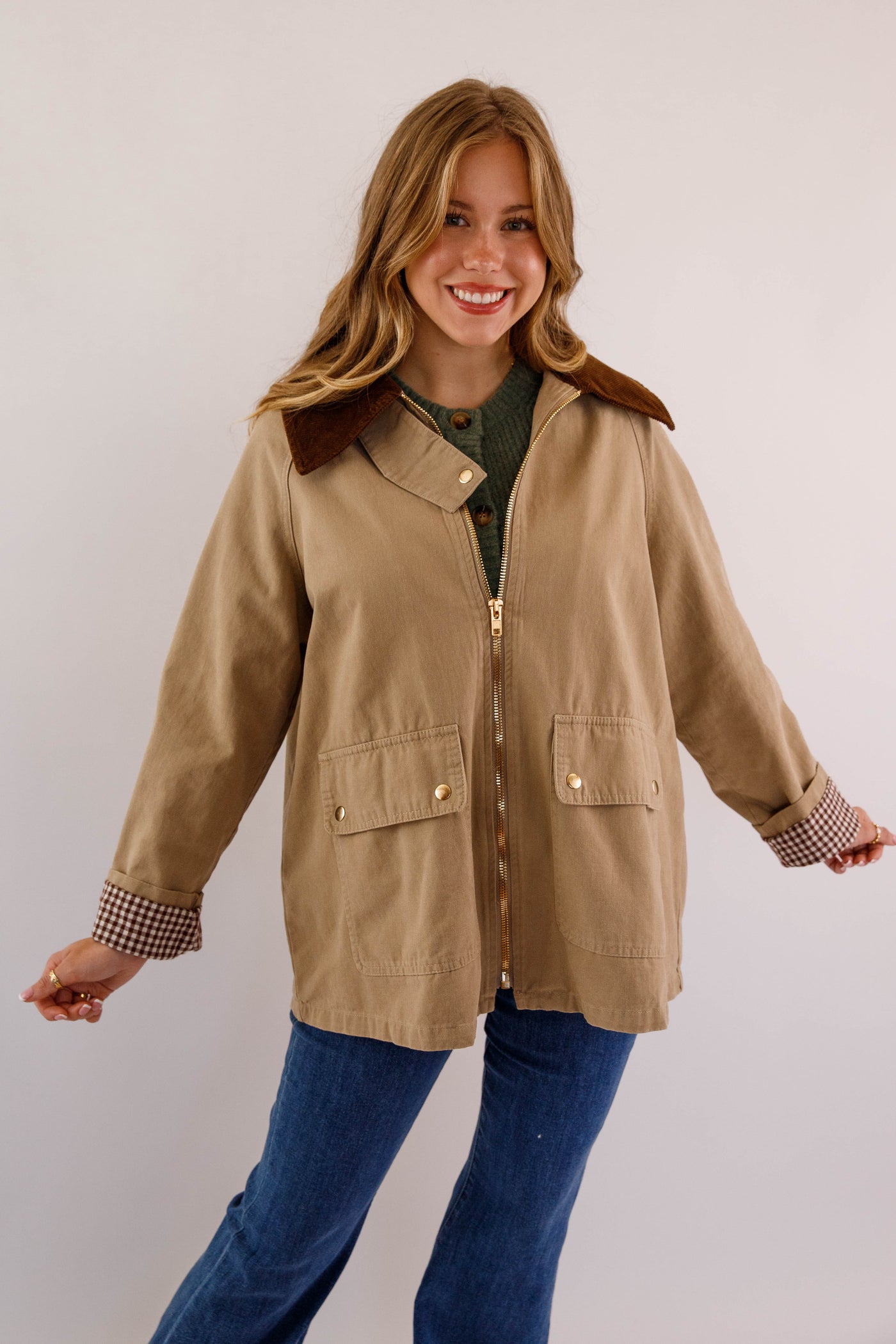 Women's Khaki Zip of Jacket- Women's Casual Jacket- In Loom Khaki Jacket with Gingham Lining