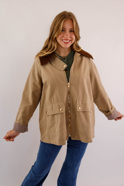 Women's Khaki Zip of Jacket- Women's Casual Jacket- In Loom Khaki Jacket with Gingham Lining