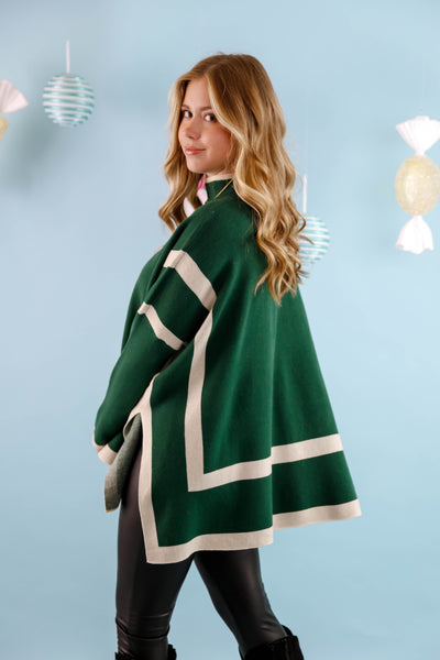 Women's Oversized Two Tone Sweater- Mockneck Hunter Green Sweater- Entro Stripe Sweater