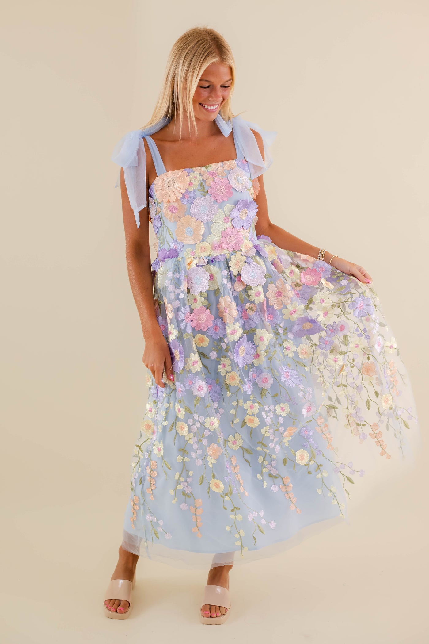 Light Blue Floral Embroidered Maxi Dress- Tulle 3d Flower Dress- Just Me Flower Maxi Dress