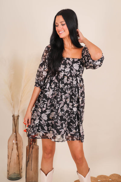 Women's Floral Babydoll Dress- Women's Black and White Dress- Sweet Lemon Dresses