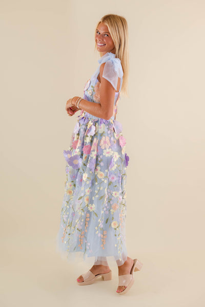 Light Blue Floral Embroidered Maxi Dress- Tulle 3d Flower Dress- Just Me Flower Maxi Dress