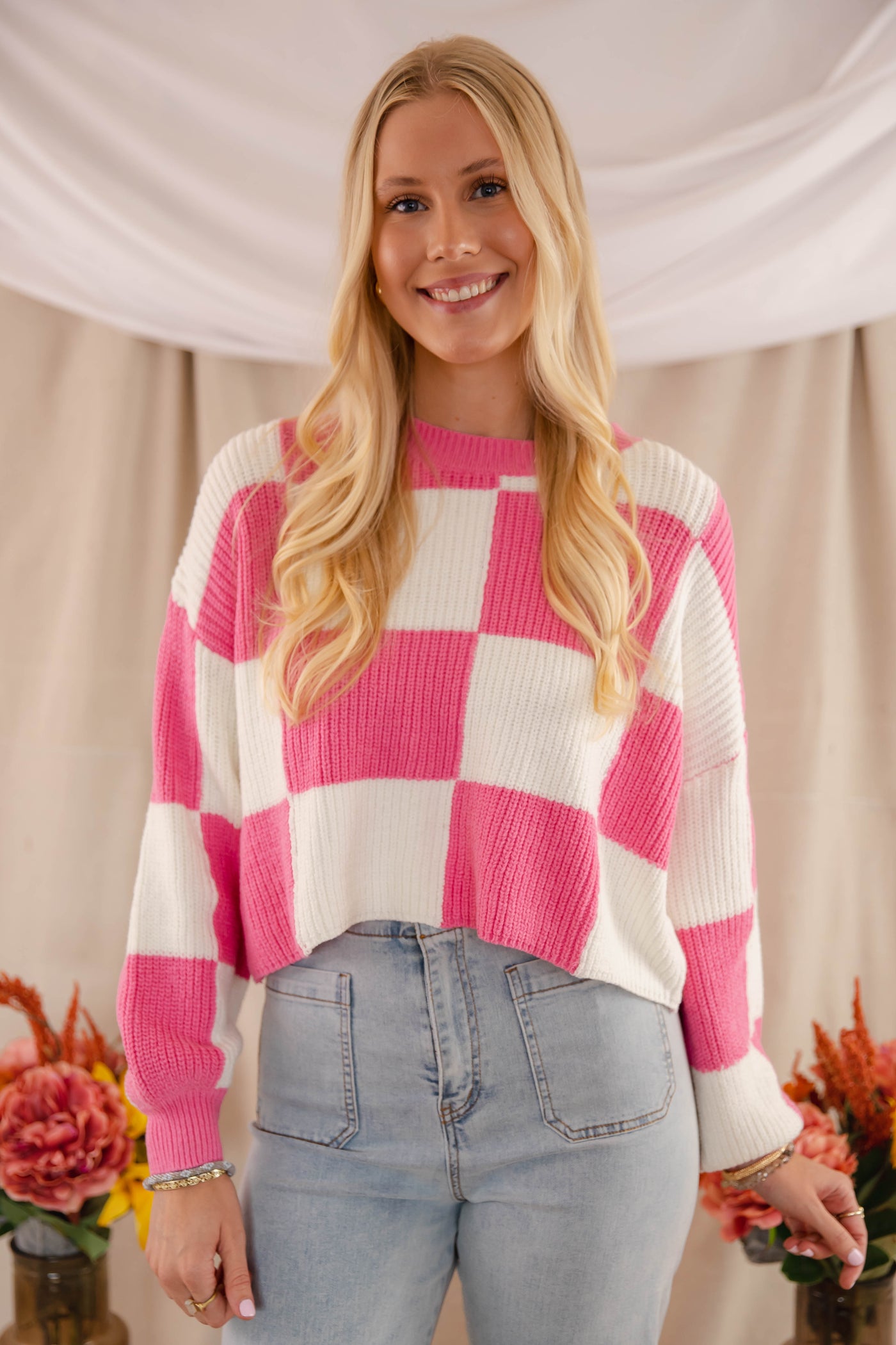 Women's Checkered Sweater- Women's Trendy Sweaters- Fun Check Sweater