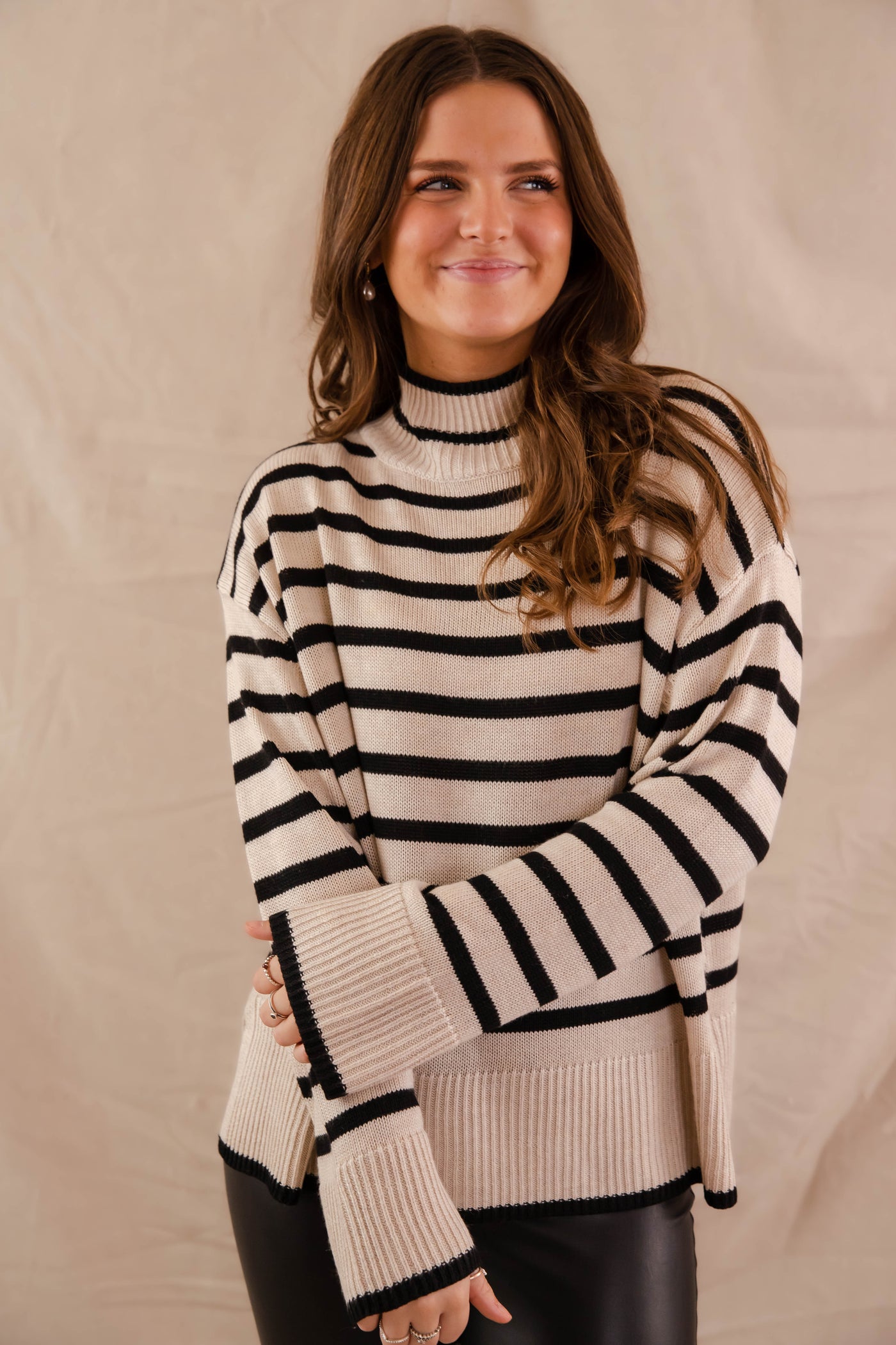 Stripe Knit Turtleneck Sweater- Black and Taupe Stripe Sweater for Women