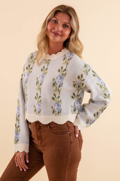 Floral Scalloped  Sweater- Preppy Floral Sweater- Mable Floral Sweater